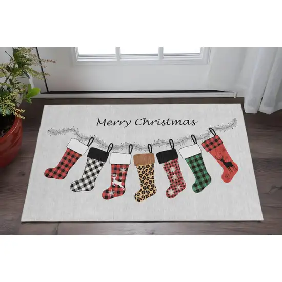 Gray Red And Green Geometric Washable Area Rug With UV Protection Photo 1