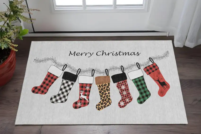 Gray Red And Green Geometric Washable Area Rug With UV Protection Photo 1