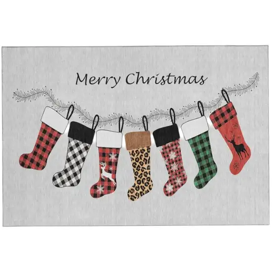 Gray Red And Green Christmas Stockings Washable Area Rug With UV Protection Photo 2