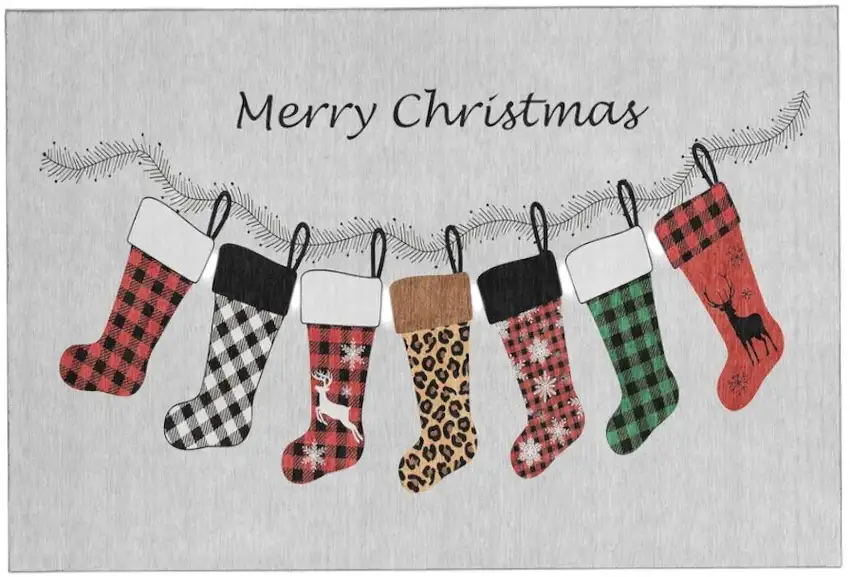 Gray Red And Green Christmas Stockings Washable Area Rug With UV Protection Photo 2