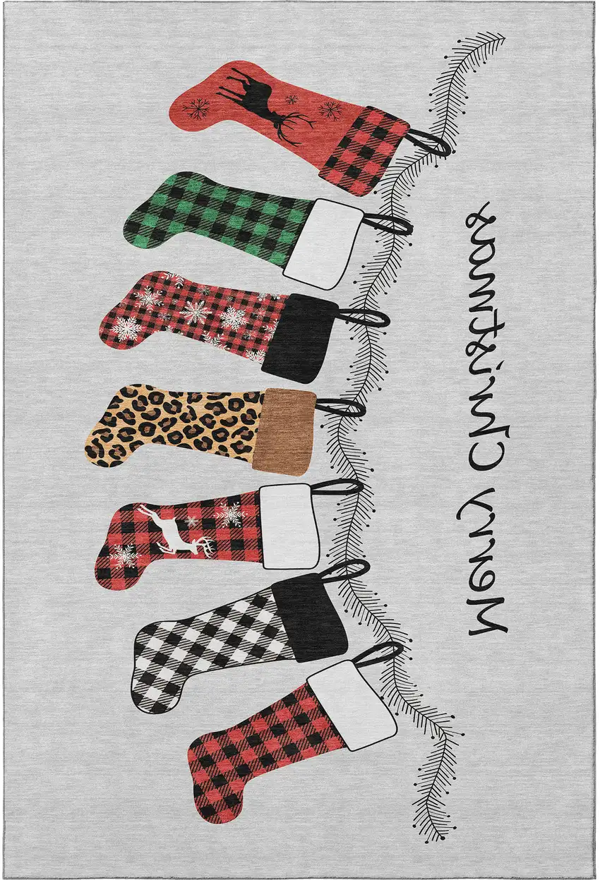 Gray Red And Green Geometric Washable Area Rug With UV Protection Photo 5