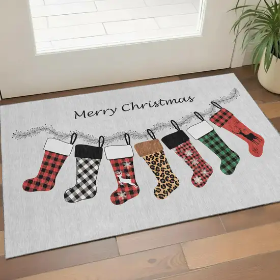 Gray Red And Green Geometric Washable Area Rug With UV Protection Photo 1