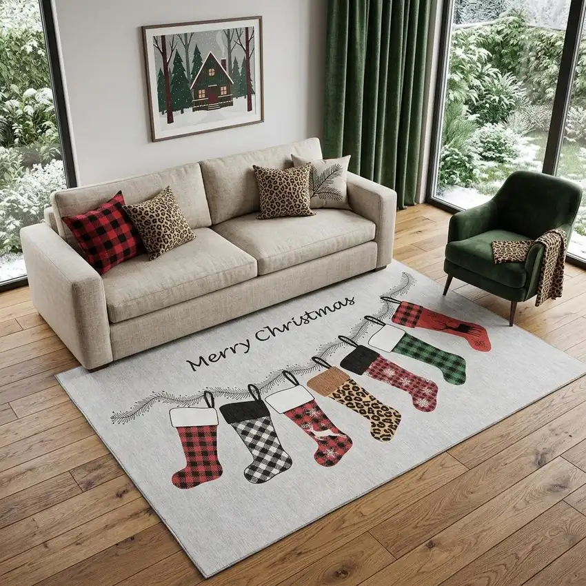 Gray Red And Green Christmas Stockings Washable Area Rug With UV Protection Photo 1