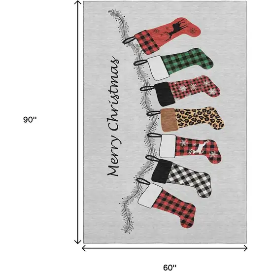 Gray Red And Green Christmas Stockings Washable Area Rug With UV Protection Photo 3