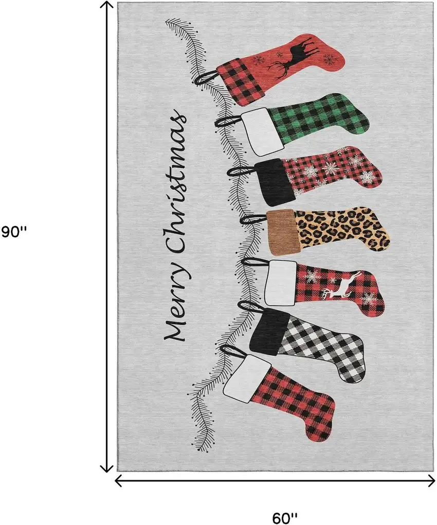 Gray Red And Green Christmas Stockings Washable Area Rug With UV Protection Photo 3