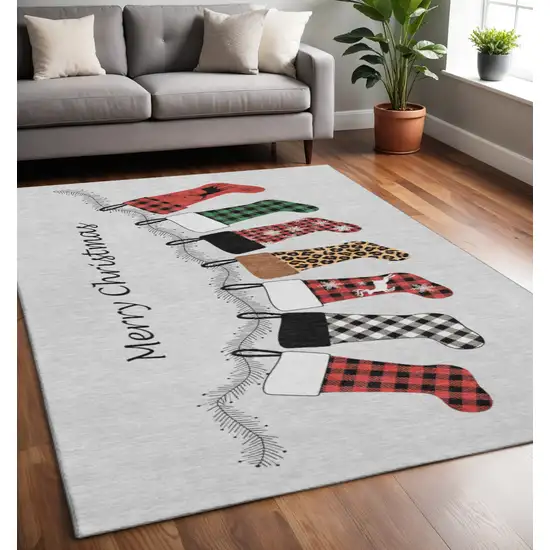 Gray Red And Green Geometric Washable Area Rug With UV Protection Photo 1