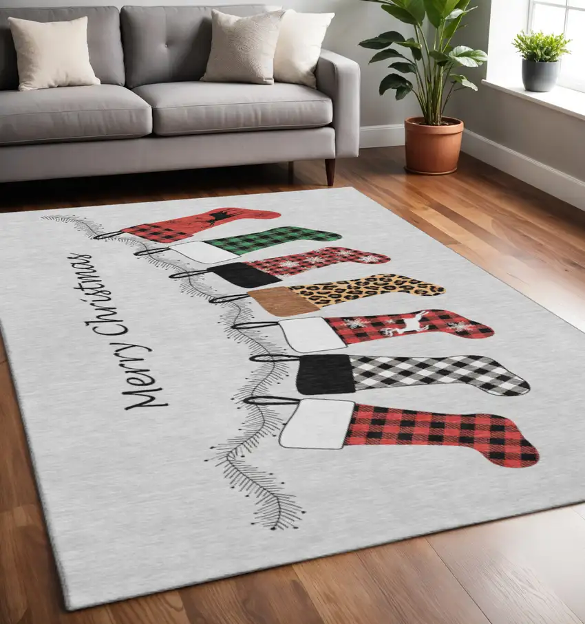 Gray Red And Green Geometric Washable Area Rug With UV Protection Photo 1