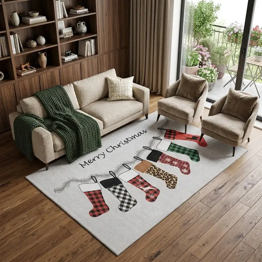 Gray Red And Green Christmas Stockings Washable Area Rug With UV Protection Photo 1