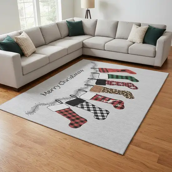 Gray Red And Green Geometric Washable Area Rug With UV Protection Photo 1