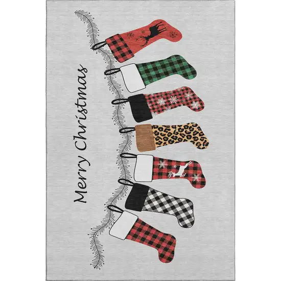 Gray Red And Green Christmas Stockings Washable Area Rug With UV Protection Photo 2