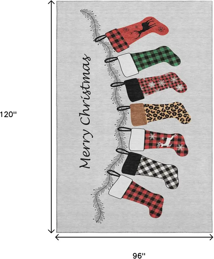 Gray Red And Green Christmas Stockings Washable Area Rug With UV Protection Photo 8