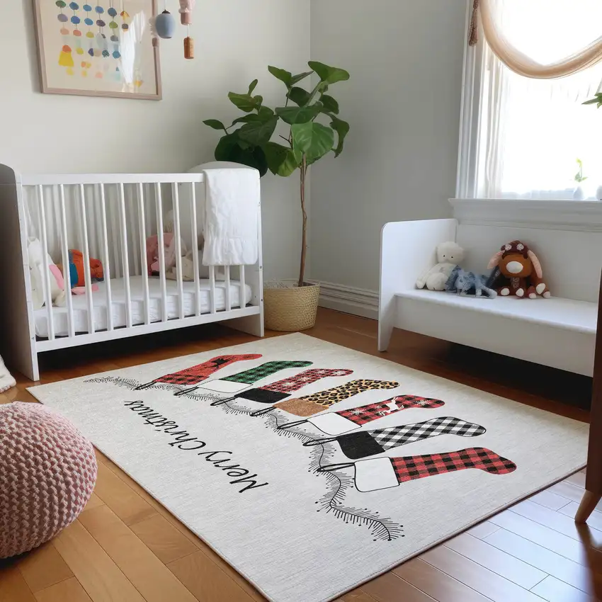 Gray Red And Green Christmas Stockings Washable Area Rug With UV Protection Photo 3
