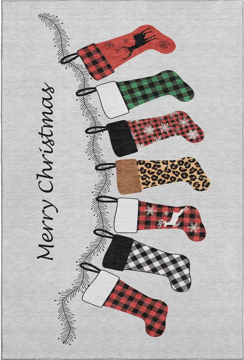 Gray Red And Green Christmas Stockings Washable Area Rug With UV Protection Photo 2