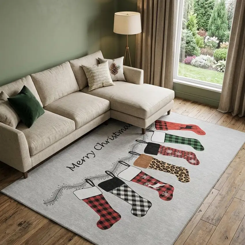 Gray Red And Green Christmas Stockings Washable Area Rug With UV Protection Photo 1