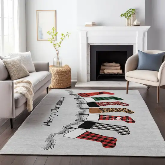 Gray Red And Green Christmas Stockings Washable Area Rug With UV Protection Photo 5