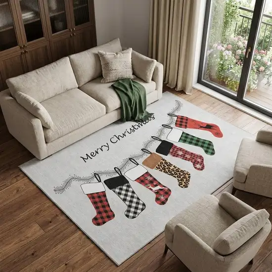 Gray Red And Green Christmas Stockings Washable Area Rug With UV Protection Photo 1