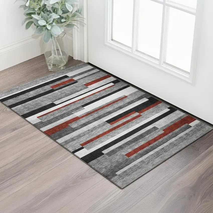 Gray Red And Silver Striped Washable Area Rug With UV Protection Photo 1