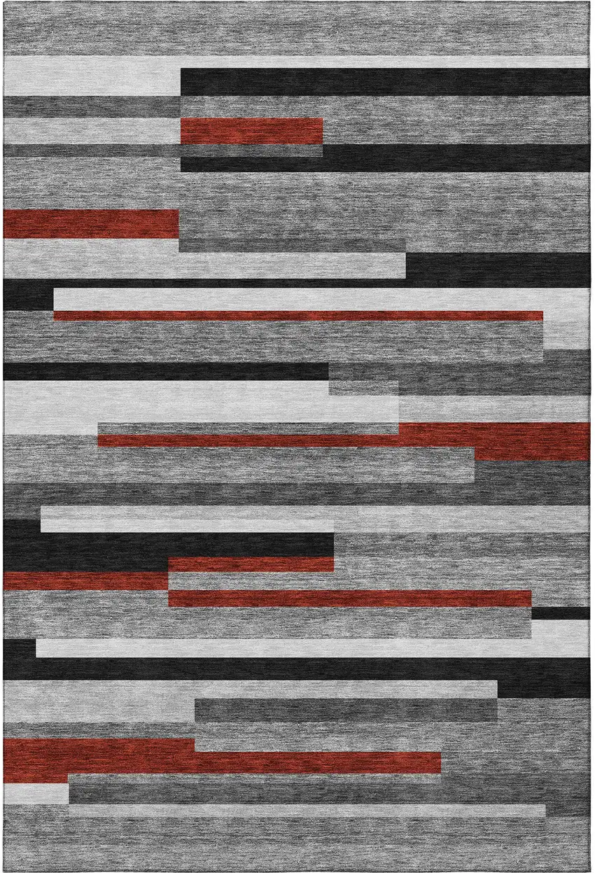 Gray Red And Silver Striped Washable Area Rug With UV Protection Photo 3