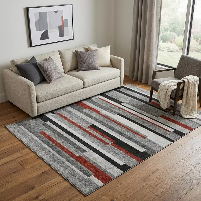 Gray Red And Silver Striped Washable Area Rug With UV Protection Photo 1