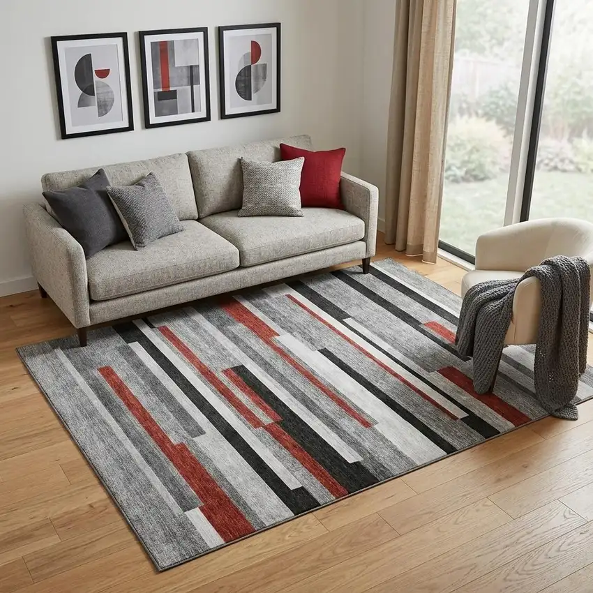 Gray Red And Silver Striped Washable Area Rug With UV Protection Photo 1