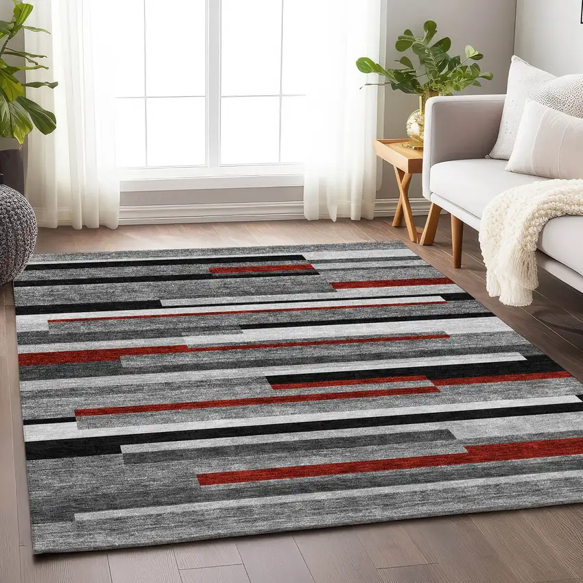 Gray Red And Silver Striped Washable Area Rug With UV Protection Photo 4