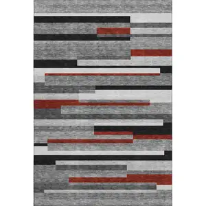 Photo of Gray Red And Silver Striped Washable Area Rug With UV Protection