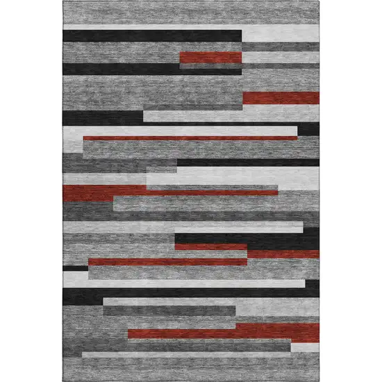 Gray Red And Silver Striped Washable Area Rug With UV Protection Photo 1