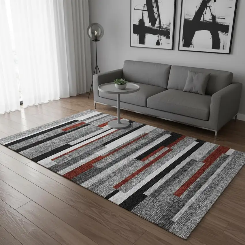 Gray Red And Silver Striped Washable Area Rug With UV Protection Photo 2