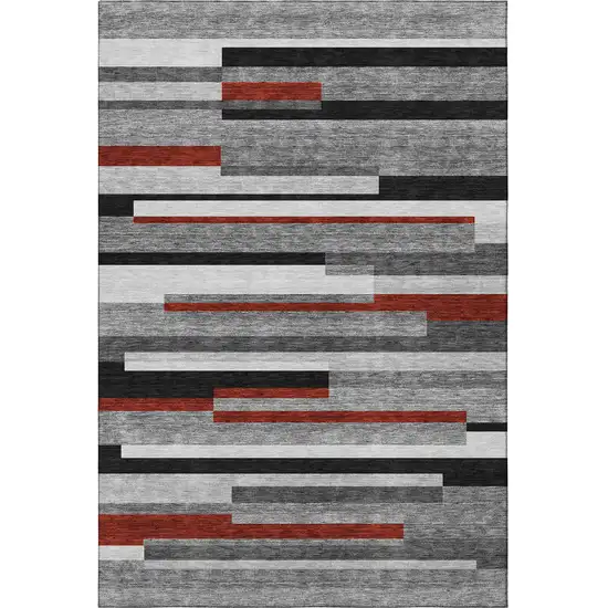 Gray Red And Silver Striped Washable Area Rug With UV Protection Photo 2