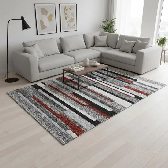 Gray Red And Silver Striped Washable Area Rug With UV Protection Photo 2