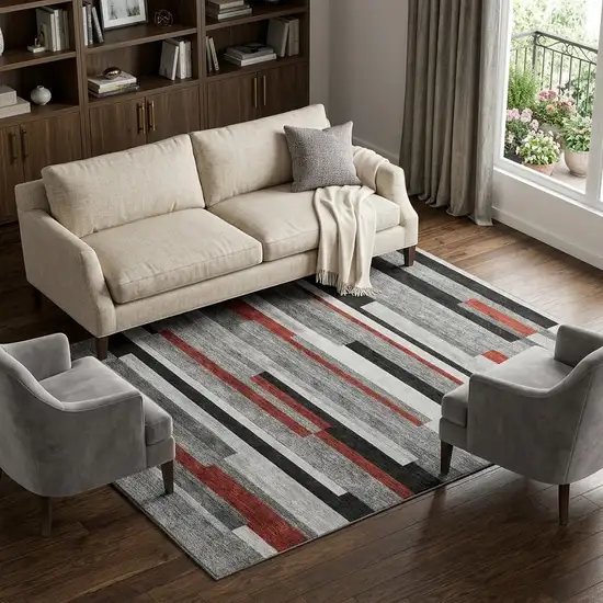 Gray Red And Silver Striped Washable Area Rug With UV Protection Photo 1