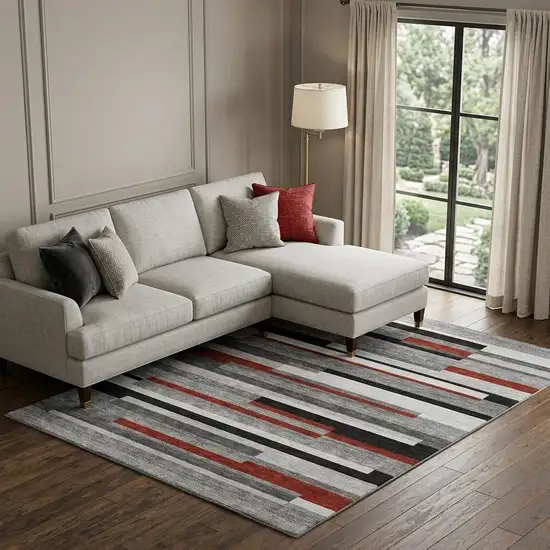 Gray Red And Silver Striped Washable Area Rug With UV Protection Photo 1