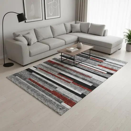 Gray Red And Silver Striped Washable Area Rug With UV Protection Photo 2