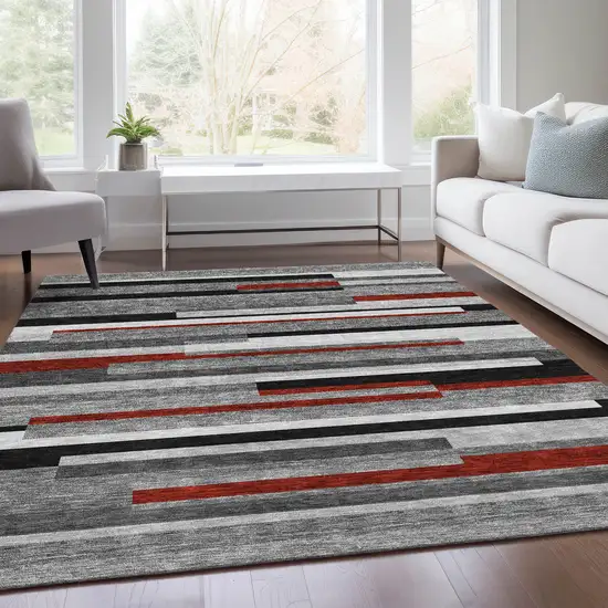 Gray Red And Silver Striped Washable Area Rug With UV Protection Photo 5
