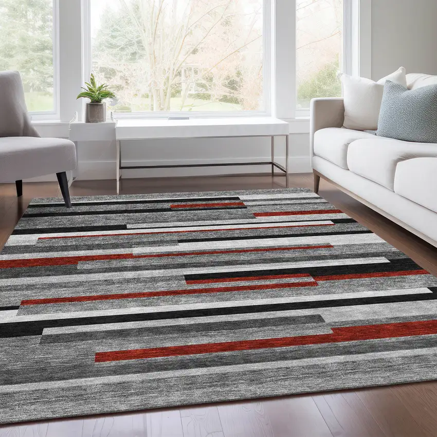 Gray Red And Silver Striped Washable Area Rug With UV Protection Photo 5