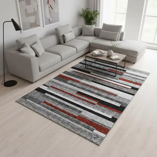 Gray Red And Silver Striped Washable Area Rug With UV Protection Photo 2