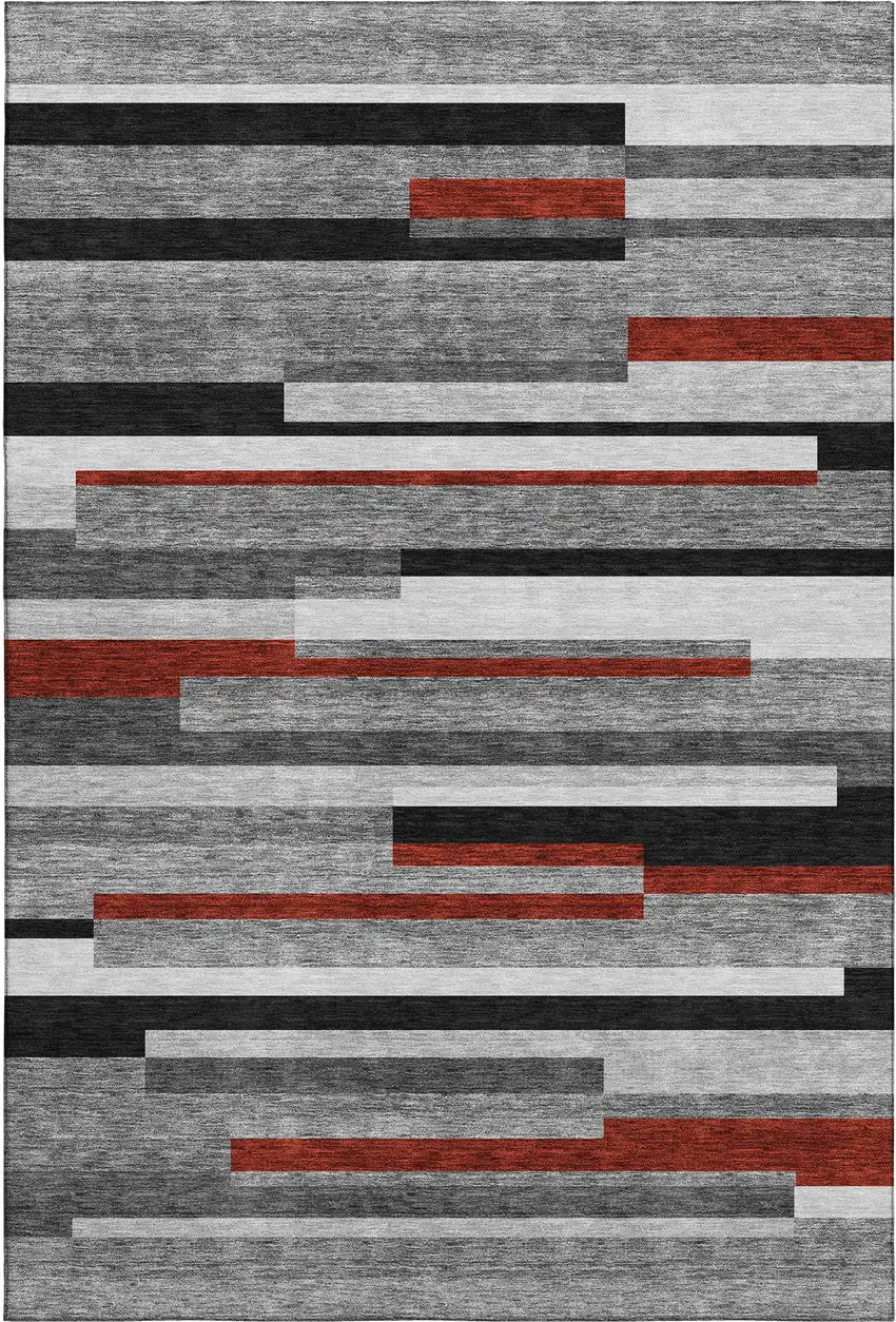 Gray Red And Silver Striped Washable Area Rug With UV Protection Photo 1