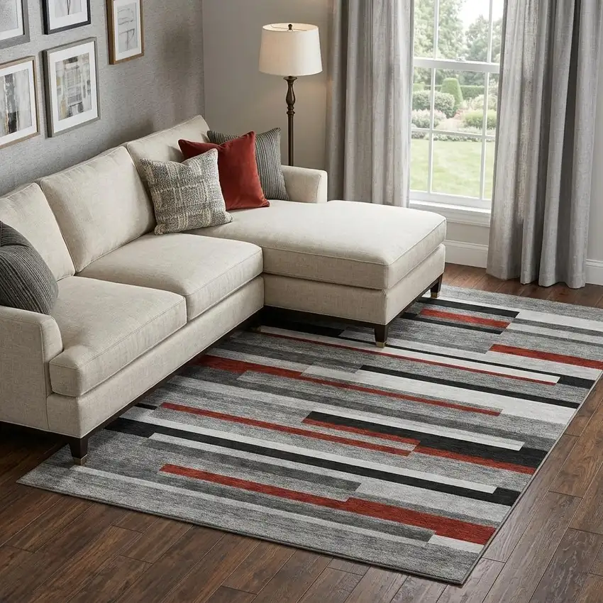 Gray Red And Silver Striped Washable Area Rug With UV Protection Photo 1