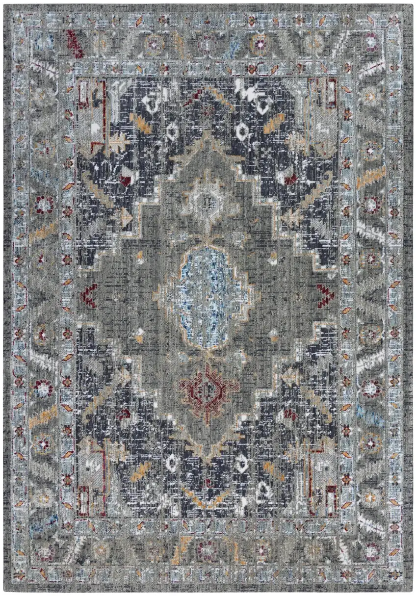 Gray Red Blue Orange And Ivory Medallion Hand Carved Handmade Area Rug Photo 1