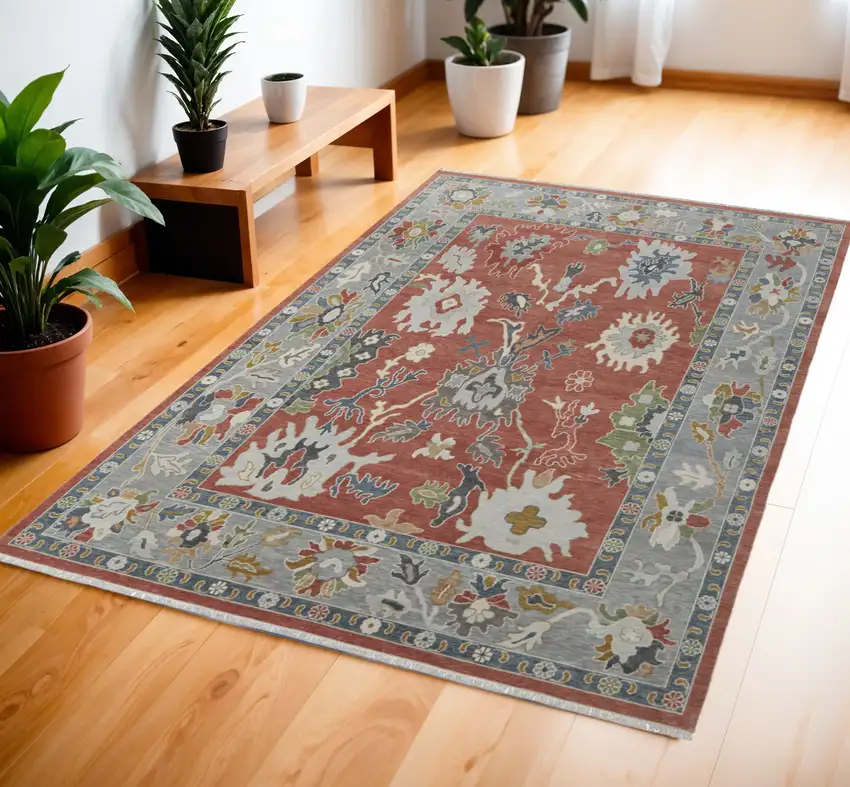 Gray Red and Ivory Wool Floral Hand Knotted Area Rug With Fringe Photo 1