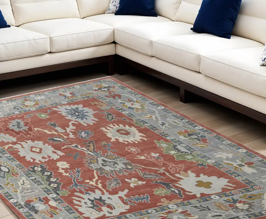 Gray Red and Ivory Wool Floral Hand Knotted Area Rug With Fringe Photo 1