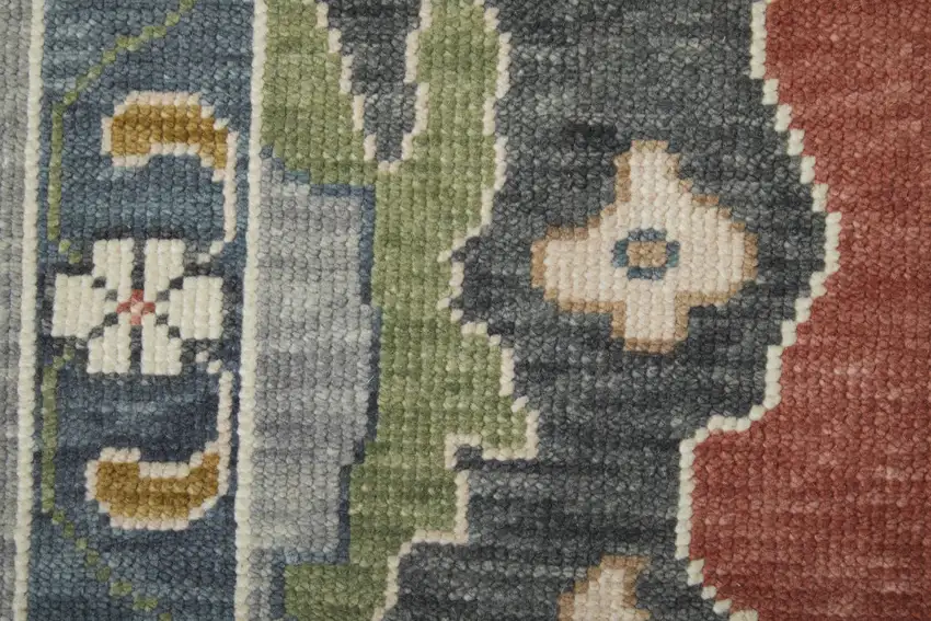 Gray Red and Ivory Wool Floral Hand Knotted Area Rug With Fringe Photo 7
