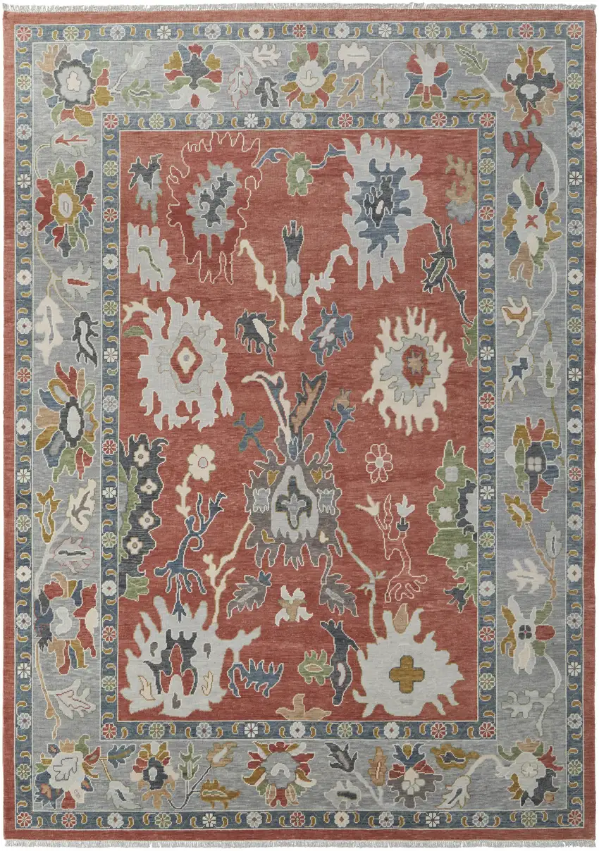 Gray Red and Ivory Wool Floral Hand Knotted Area Rug With Fringe Photo 2