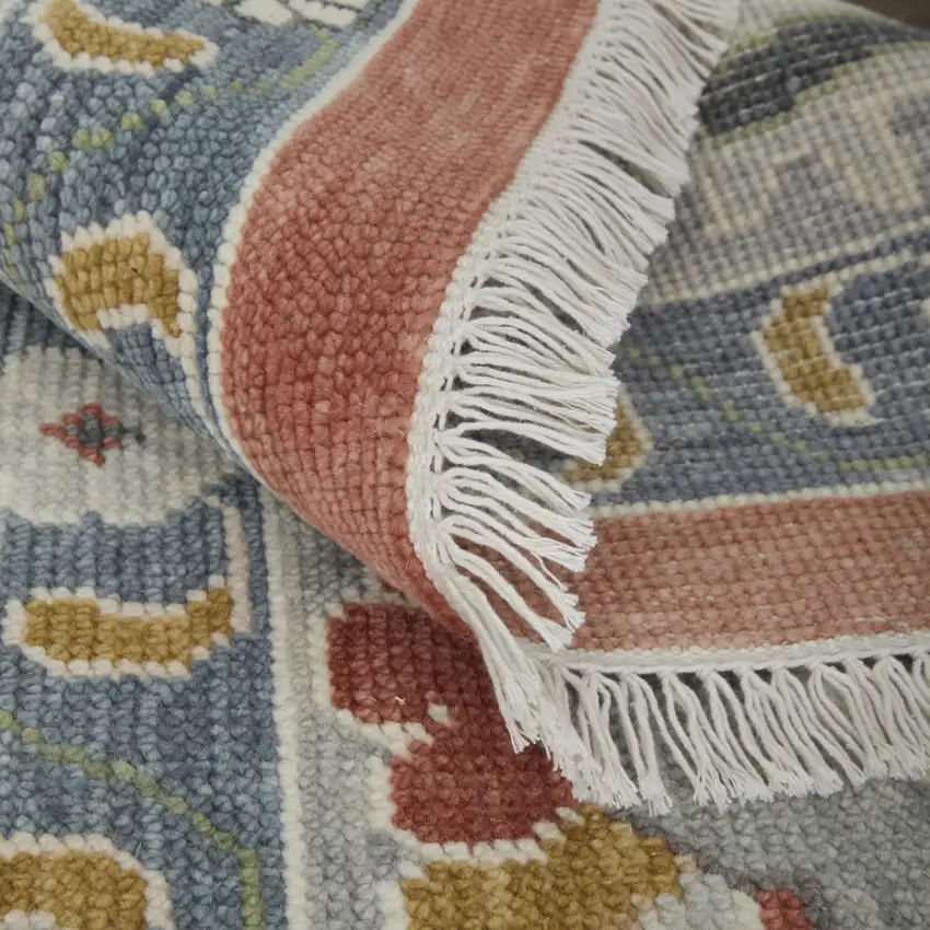 Gray Red and Ivory Wool Floral Hand Knotted Area Rug With Fringe Photo 8