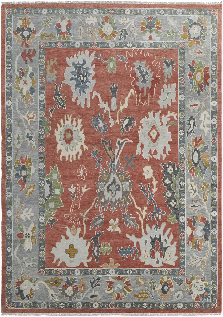 Gray Red and Ivory Wool Floral Hand Knotted Area Rug With Fringe Photo 5
