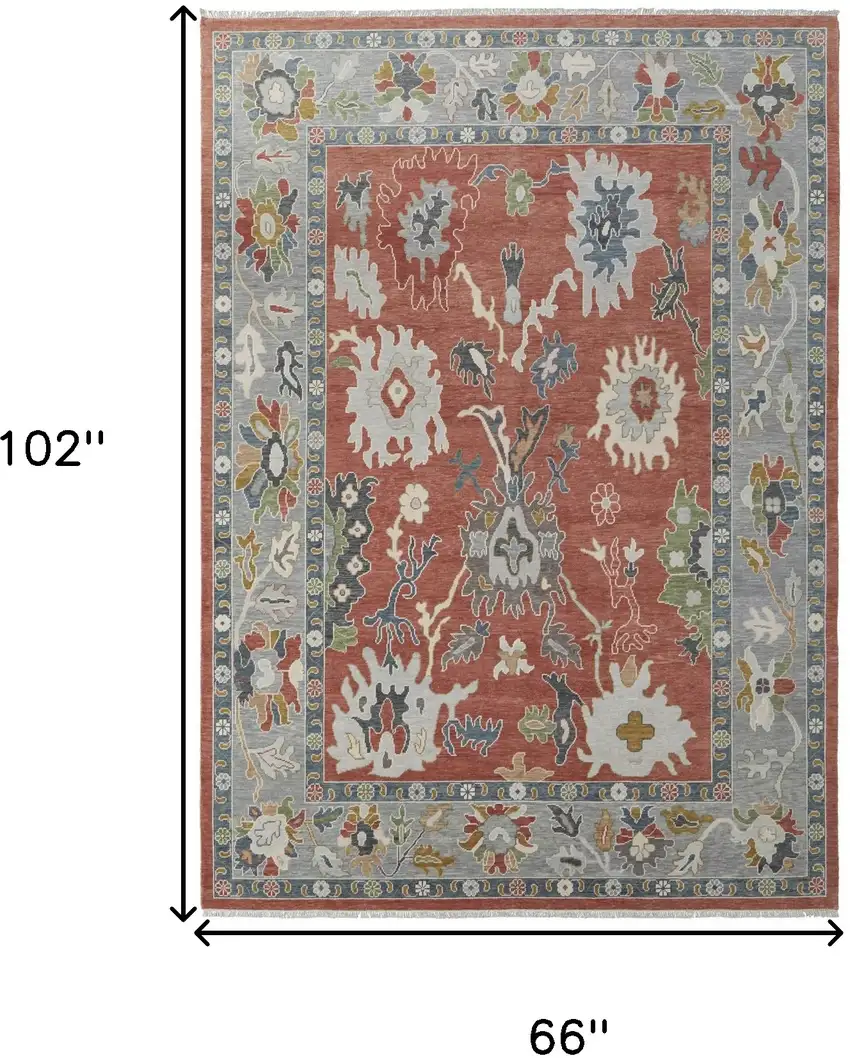 Gray Red and Ivory Wool Floral Hand Knotted Area Rug With Fringe Photo 3