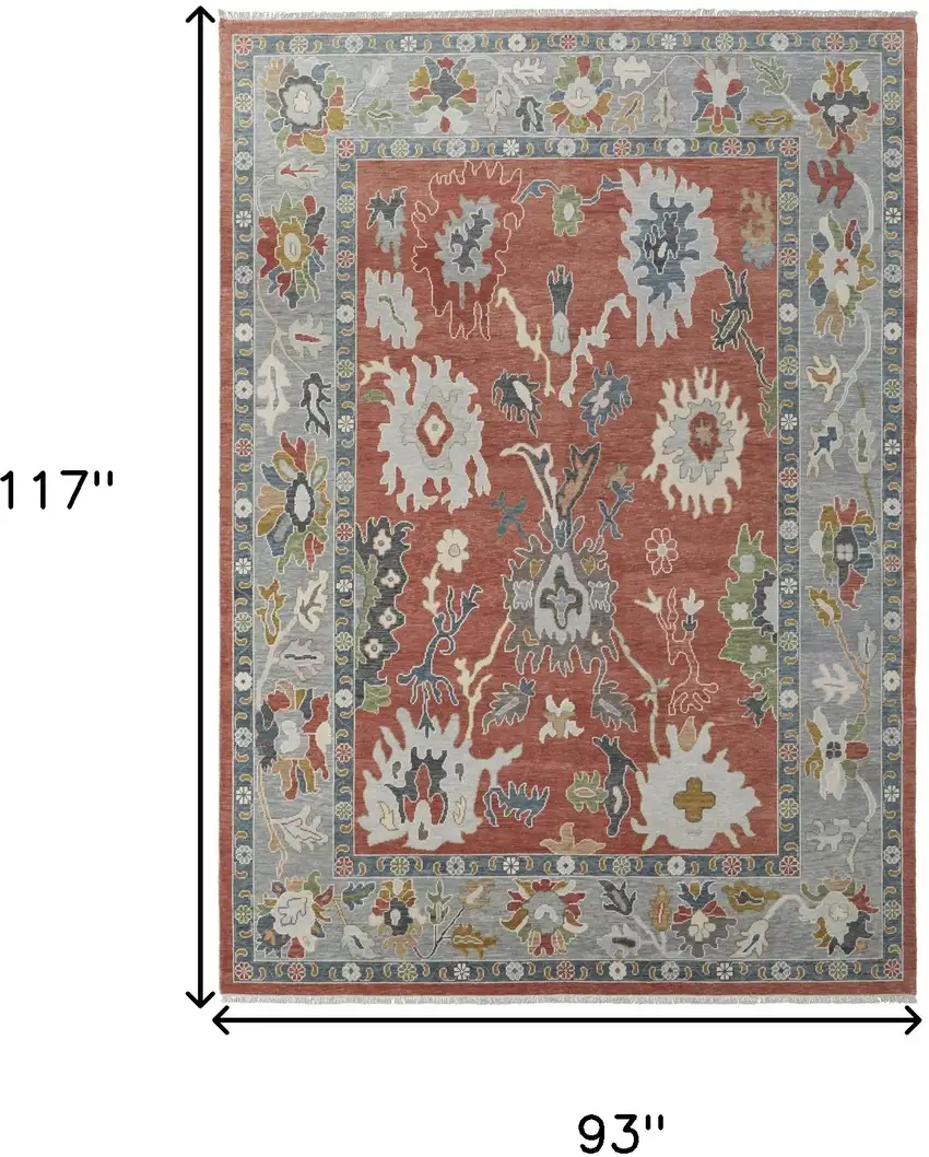 Gray Red and Ivory Wool Floral Hand Knotted Area Rug With Fringe Photo 3
