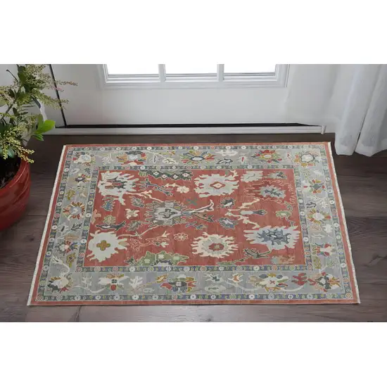 Gray Red and Ivory Wool Floral Hand Knotted Area Rug With Fringe Photo 1