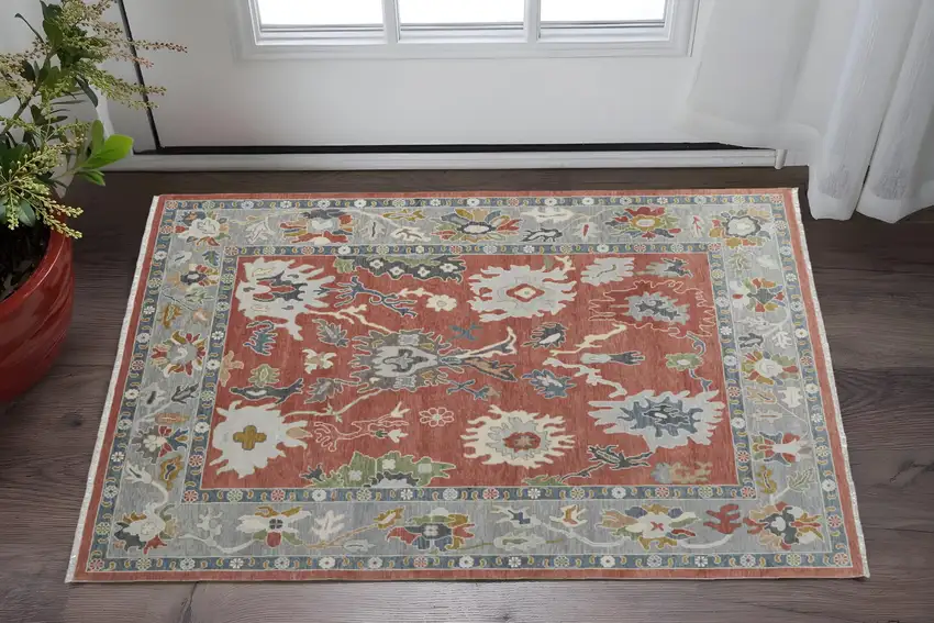 Gray Red and Ivory Wool Floral Hand Knotted Area Rug With Fringe Photo 1