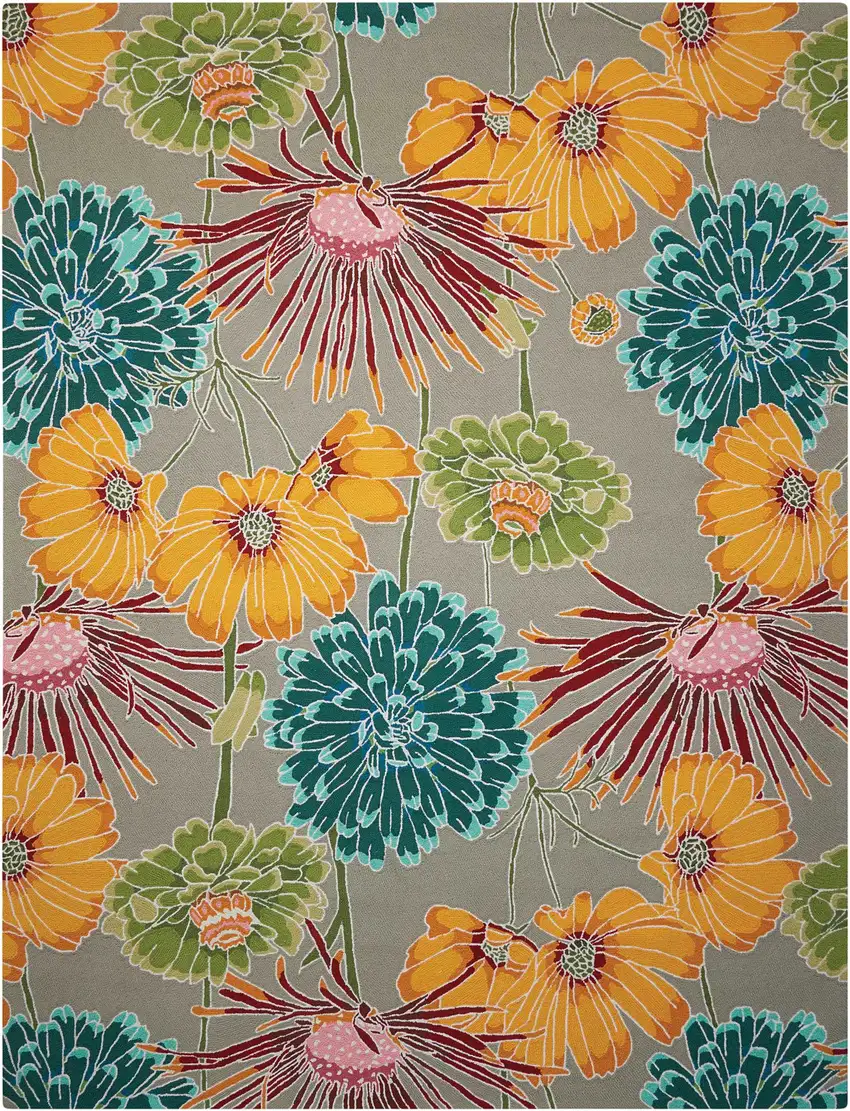 Gray Red and Yellow Floral Hand Carved Handmade Area Rug Photo 1